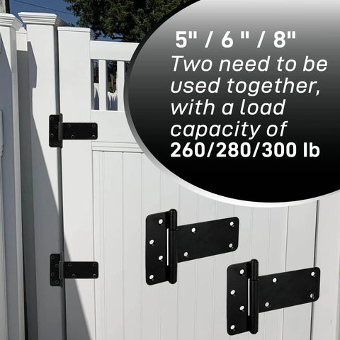 5 Inch Heavy Duty Gate Hinges 260 Lbs Capacity Black 4 Pack installed on white fence, visible screws, outdoor setting