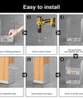 Installation steps for 4x4 Post Base Kit with 2 stainless steel adjustable post anchor brackets on wooden post.