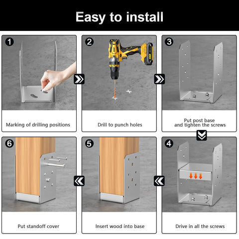 Installation steps for 4x4 Post Base Kit with 2 stainless steel adjustable post anchor brackets on wooden post.