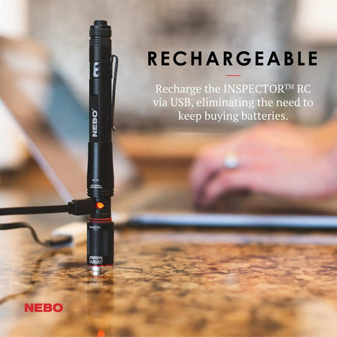 EDC Pen Light Flashlight 360 Lumens, Rechargeable USB or AAA Powered, standing upright on a table, USB cable connected