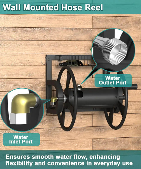 Outdoor Wall Mounted Hose Reel With Hook And Leader Hose, Heavy Duty Metal Water Organizer For Garden with inlet and outlet ports.