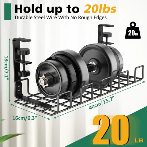 Under Desk Cable Management Tray No Drill Easy Install Steel Wire Organizer with measurements and weight capacity shown