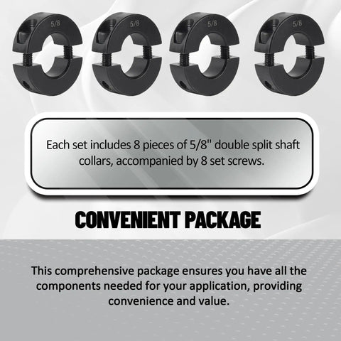 8-Pack Black Five Eighths Inch Bore Double Split Clamp-On Shaft Collar Screw Set Carbon Steel For Auto And Shop Use