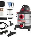 8 Gallon 6 Peak HP Wet Dry Vacuum For Home Garage And Workshop with attachments showing built-in drain and multifunction tools