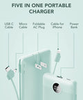 All In One 10000mAh Portable Charger With Built In Micro USB And Type C Cables And AC Wall Plug USB C Power Bank