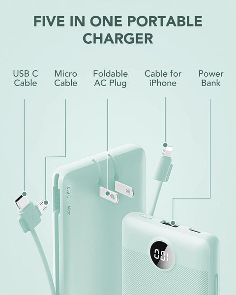 All In One 10000mAh Portable Charger With Built In Micro USB And Type C Cables And AC Wall Plug USB C Power Bank