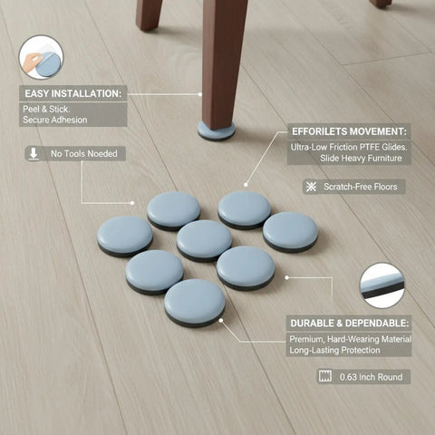 Self-Adhesive PTFE Furniture Slider Pad 0.63 Inch Round Glides for Hardwood Floors, Laminate, and Tile shown on chair leg