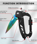 Must Have 6 In 1 Multitool Carabiner With Folding Knife And Bottle Opener For Camping And Hiking, EDC tool details labeled