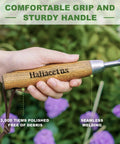 Hand holding heavy duty bend proof stainless steel potting scoop with 1 cup capacity and wooden grip, shown in a garden setting.