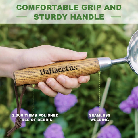 Hand holding heavy duty bend proof stainless steel potting scoop with 1 cup capacity and wooden grip, shown in a garden setting.