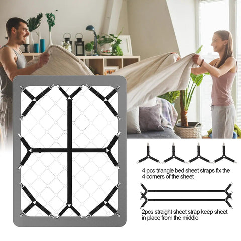 Bed Sheet Straps 6 Piece Set For Full Size Bed, Adjustable Elastic Clips Holders For Corners, Easy Install, Strong Triangle Design