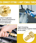 Three Pack One Quarter Inch NPT Brass Air Coupler And Plug Kit With Quick Connect Fittings shown with close-up and application examples