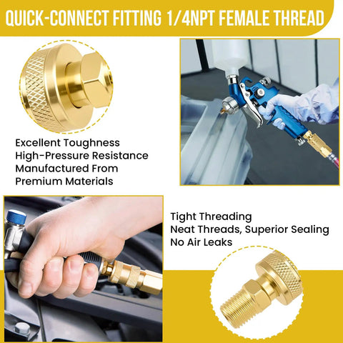 Three Pack One Quarter Inch NPT Brass Air Coupler And Plug Kit With Quick Connect Fittings shown with close-up and application examples