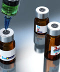 Front view: set of 3 sterile amber glass vials with aluminum caps and self-healing injection ports.