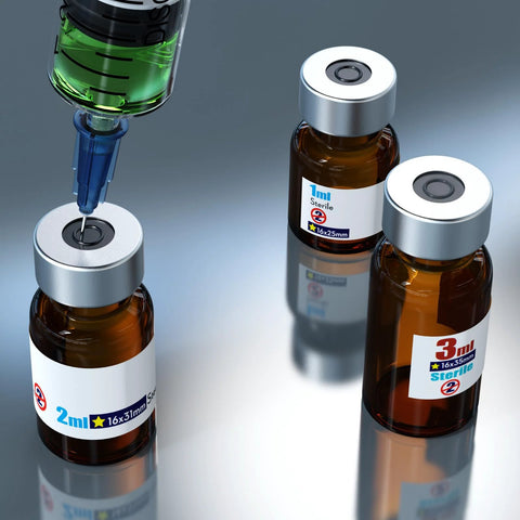 Front view: set of 3 sterile amber glass vials with aluminum caps and self-healing injection ports.