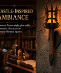 Medieval LED Torch Wall Sconce, Gothic Castle Flame-Effect Lamp on stone wall, warm glow enhances fantasy decor ambiance.