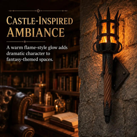 Medieval LED Torch Wall Sconce, Gothic Castle Flame-Effect Lamp on stone wall, warm glow enhances fantasy decor ambiance.