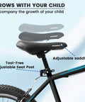 Kids Mountain Bike 20 Inch With 7 Speed Drivetrain, adjustable saddle showcasing growth adaptability, easy to ride for ages 5 10