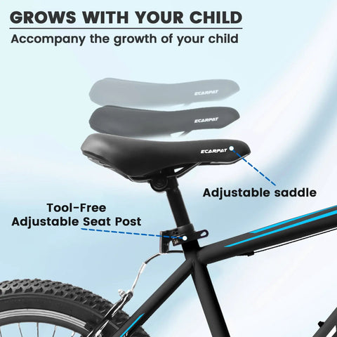 Kids Mountain Bike 20 Inch With 7 Speed Drivetrain, adjustable saddle showcasing growth adaptability, easy to ride for ages 5 10
