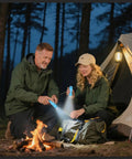 Couple camping using 4 Pack Mini LED Flashlights With Straps, Aluminum Pocket Lights That Glow In The Dark in forest at night