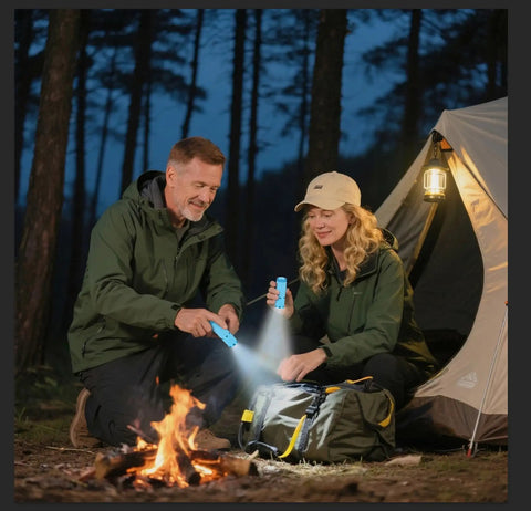 Couple camping using 4 Pack Mini LED Flashlights With Straps, Aluminum Pocket Lights That Glow In The Dark in forest at night