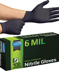 Black nitrile gloves worn on hands; Inspire 6 MIL box of nitrile gloves (100 count) visible.