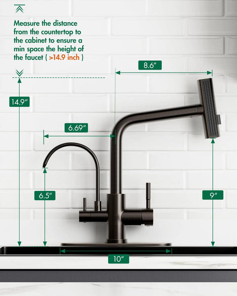 Fapully Pull-Down Kitchen Faucets, 3 Way Kitchen Sink Faucet with Pull Down Sprayer and Drinking Water Faucet, Include Deck Plate for 1 or 3 Holes Oil Rubbed Bronze with measurements.