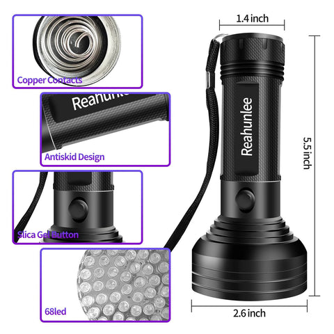 REALHUNLEE UV dye leak detector flashlight kit for auto AC, black handheld 68-LED UV light with strap and glasses.