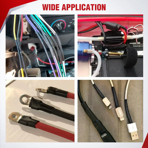 650-Piece Heat Shrink Tubing Kit With 3:1 Shrink Ratio applied in automotive and electronic wiring setups