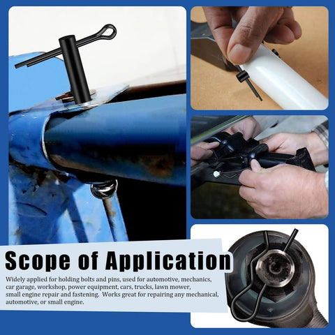 All Purpose Clevis Pin Kit With Cotter Pins And R Clips In 11 Sizes, 67 Piece Set Black Finish shown in various applications