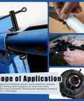 Collage showing Clevis Pins Set With Cotter Pins And R Clips In 16 Sizes, black finish, being used on machinery.