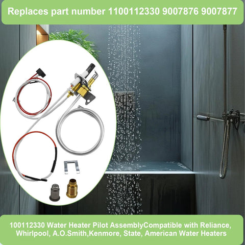 Water heater pilot assembly kit with brass valve, tubing, wiring; compatible with Whirlpool, A.O. Smith, Kenmore