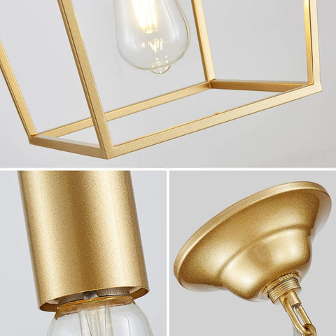 Close-up of Industrial Gold Lantern Pendant Light With Iron Cage E26 Chandelier For Dining Room And Kitchen Modern Minimalist Gold Fixture Geometric Frame Glam Bulbs Not Included