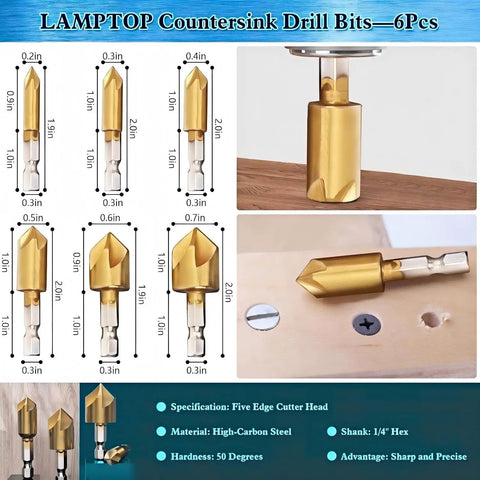 Top Shelf 26 Piece Woodworking Drill Bit Set With Heavy Duty HSS Step Bits view of six countersink bits in high-carbon steel and various sizes.
