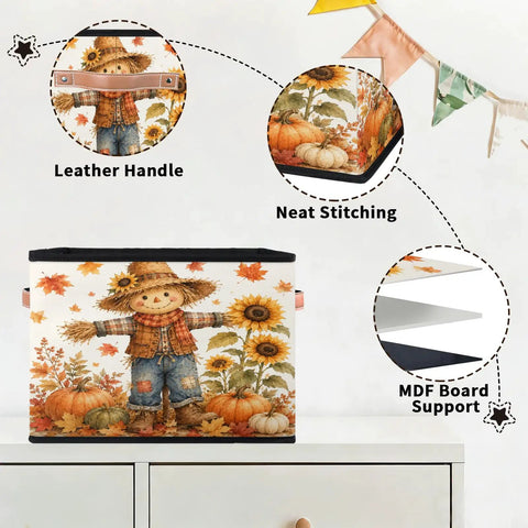 Autumn Theme Fabric Storage Basket For Standard Shelving And Closets Hella Durable Canvas Organizer Bin with leather handle and neat stitching.