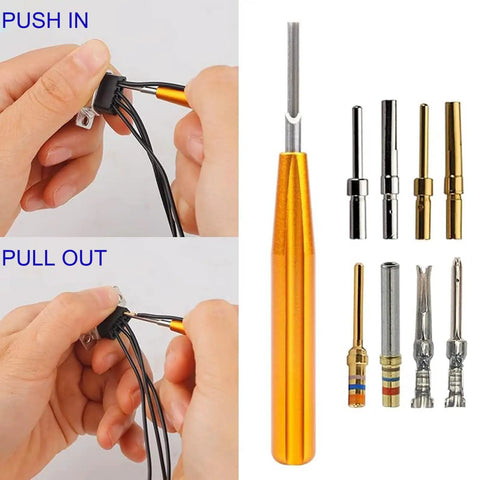 D Sub Connector Pins Removal And Insertion Toolkit For TE AMP Harting Heavy Duty 5A DB Crimp Contacts Extractor Kit Pro Grade Pin Extraction And Insertion ID 0.07 OD 0.09 Built For Tech Pros And DIYers showing tool and pin use