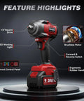 Heavy Duty Cordless Impact Wrench With Beefy Torque And No Sweat Operation 1350 Nm High Output Battery Powered half inch drive showing features.