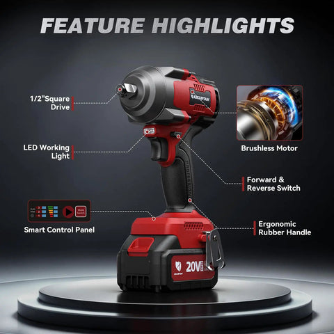 Heavy Duty Cordless Impact Wrench With Beefy Torque And No Sweat Operation 1350 Nm High Output Battery Powered half inch drive showing features.