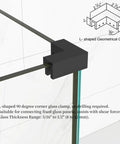 L-shaped geometrical clamp for frameless shower door, sleek matte black finish, connects glass panels securely.