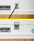 Comparison of wall outlet use with and without Twin Extension Cord Power Strip With Wall Hugger Flat Head 12 Foot Cord Split Into 6 Ft Each End Six Polarized Outlets With Safety Covers Ultra Slim Design For Behind TV Sofa Or Desk.