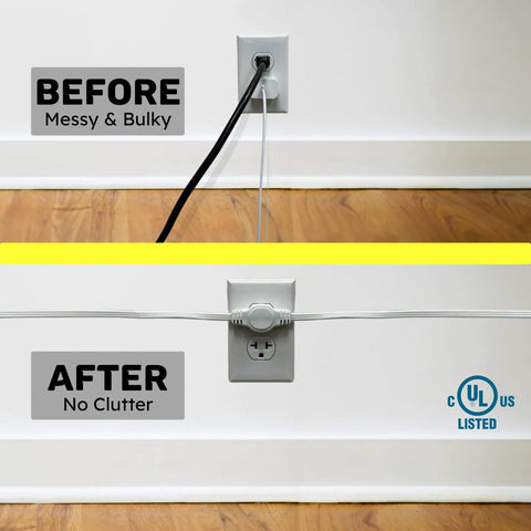 Comparison of wall outlet use with and without Twin Extension Cord Power Strip With Wall Hugger Flat Head 12 Foot Cord Split Into 6 Ft Each End Six Polarized Outlets With Safety Covers Ultra Slim Design For Behind TV Sofa Or Desk.