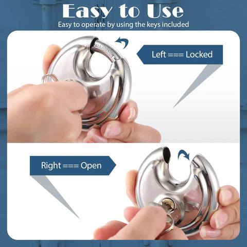 Demonstration of operating Keyed Alike Disc Padlocks Set, Beefy Stainless Steel Locks With Shared Key, 2 3/4 Inch Wide Shackle 3/8 Inch