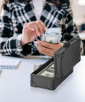 Lockable Cash Box With Key Aluminum Alloy Money Organizer for Home Office, woman counting cash next to cash box