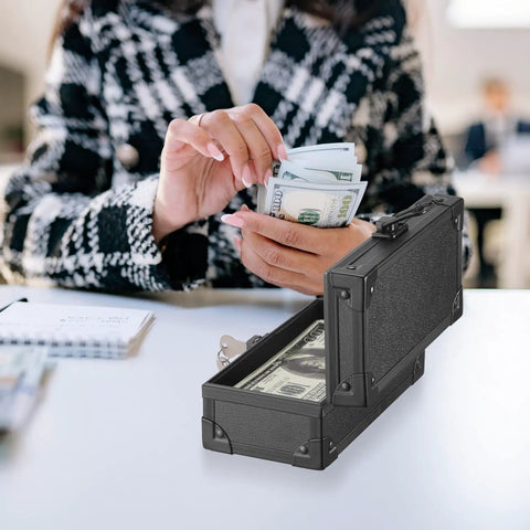 Lockable Cash Box With Key Aluminum Alloy Money Organizer for Home Office, woman counting cash next to cash box