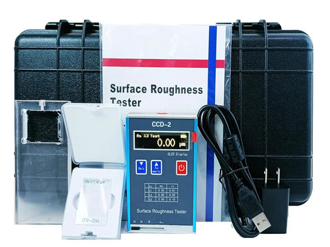 Portable Roughness Tester Surface Profile Gauge with digital readout, USB cable, charger, and carrying case