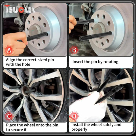 Steps to use Two Pack M14x1.5 Wheel Hanger Alignment Pins for Domestic And Import Rides during tire installation process.