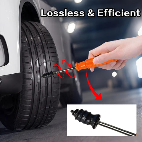 Hand using 80 Pcs Tire Repair Nails Kit With 4 Sizes For Quick Self Service Tire Repair No Fuss DIY on car tire