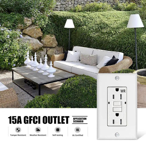 Weather Resistant GFCI Outlet 15 Amp Self Testing Tamper Resistant Duplex Receptacle For Indoor Outdoor Use With LED Indicator UL Listed White Decor Wall Plate Included