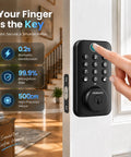 Lightning Fast Biometric Fingerprint Deadbolt with responsive keypad being used on a door for keyless entry in rich black.