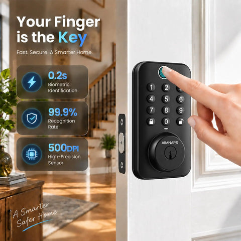 Lightning Fast Biometric Fingerprint Deadbolt with responsive keypad being used on a door for keyless entry in rich black.